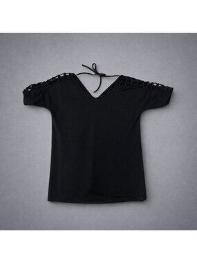 black tunic double V short sleeve open weave ladder accent swim cover top